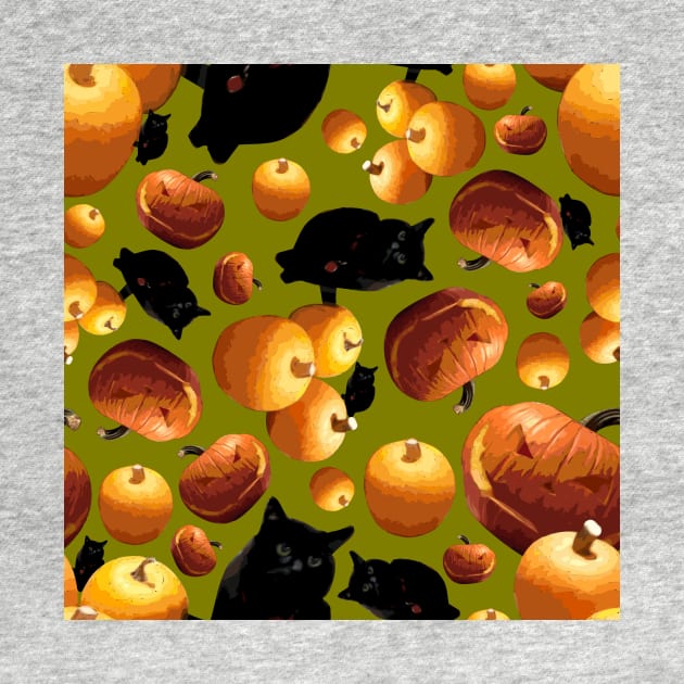 Black Cat and Pumpkins Tossed on Yellow Green Repeat 5748 by ArtticArlo